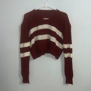 V- neck, Cropped, Burgundy Sweater with White Stripes